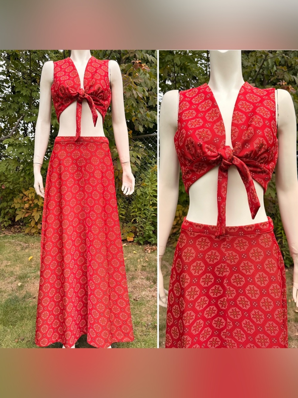Vintage 1970s Crop Top & Maxi A-line Skirt Red Polyester Women’s Shirt 28” waist